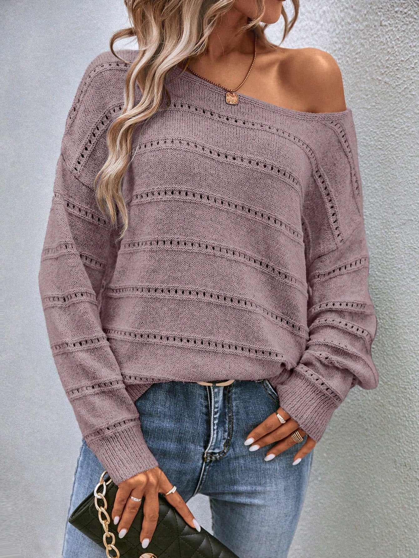 SHEIN LUNE Drop Shoulder Pointelle Knit Sweater Dusty Pink