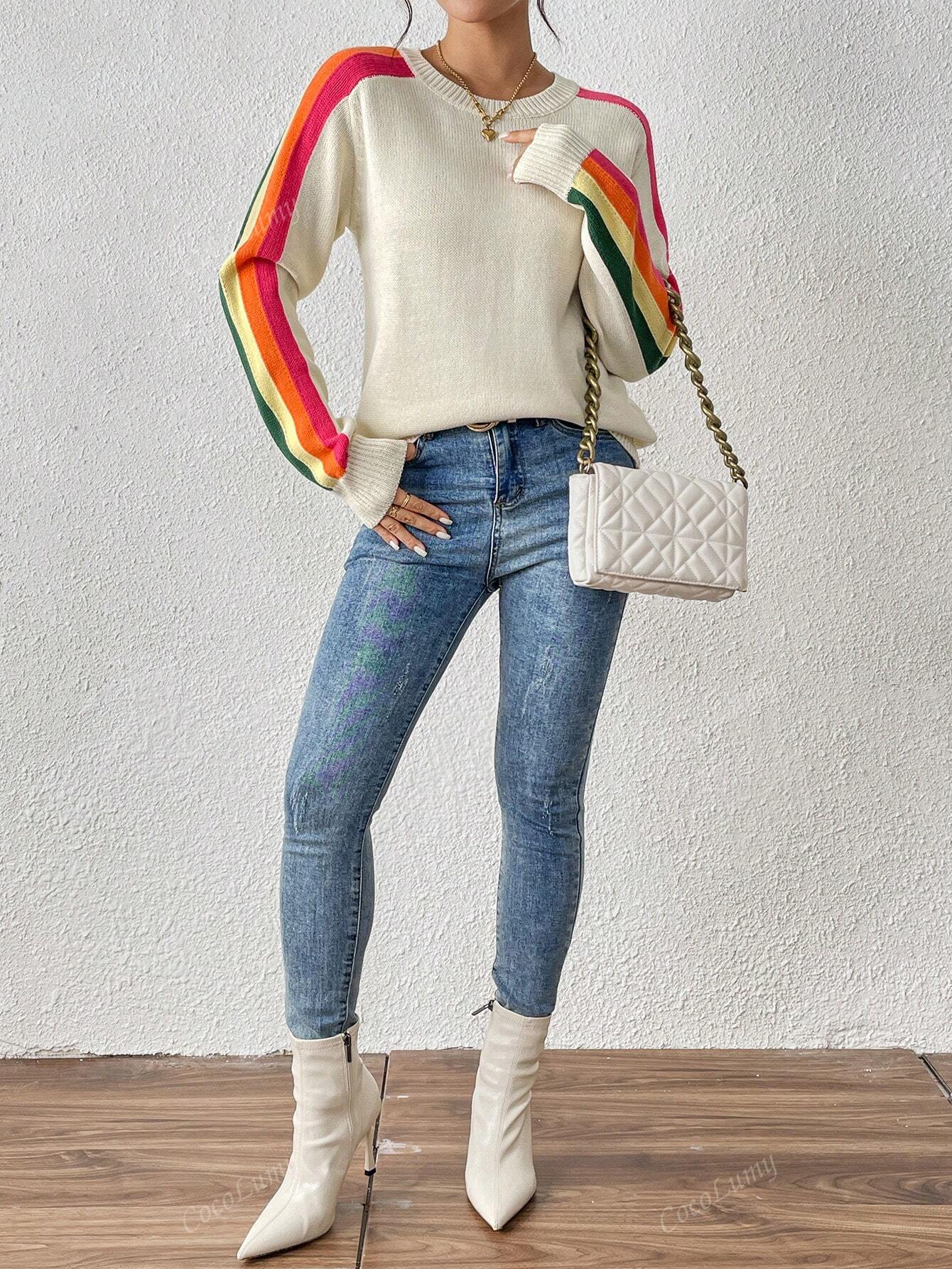 Women's Colorful Rainbow Striped Casual Crewneck Sweater Long-SleeveTops,Autumn And Winter Beige