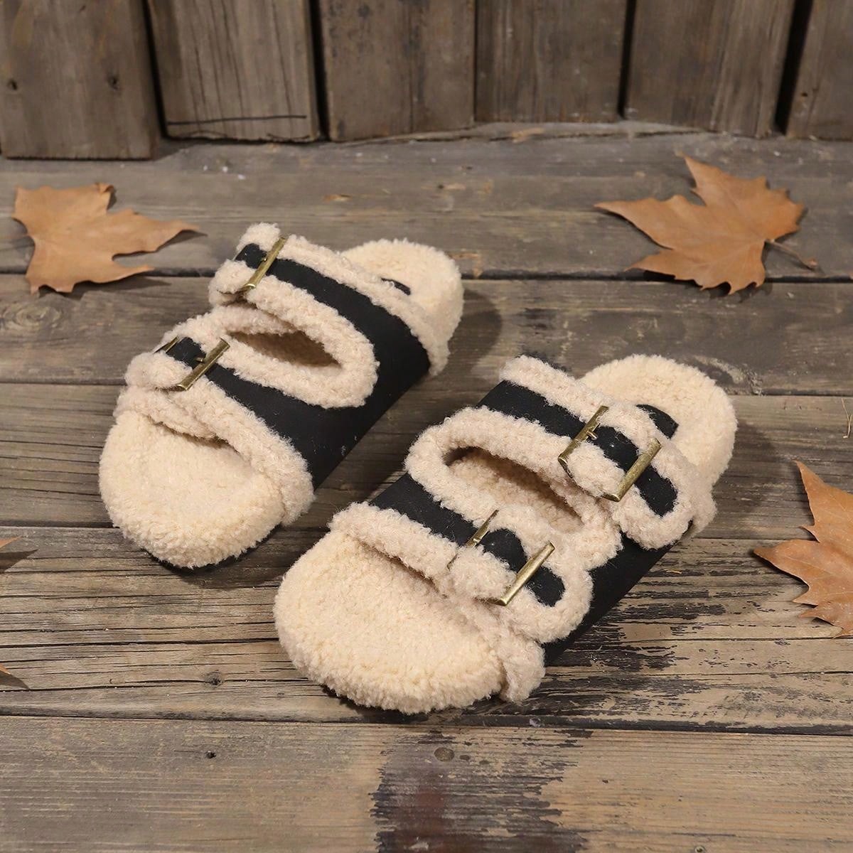 Women Double Breasted Hollow Open Toe Flat Home Slippers, Cozy Fuzzy Slip On Sandals For Autumn/Winter Black