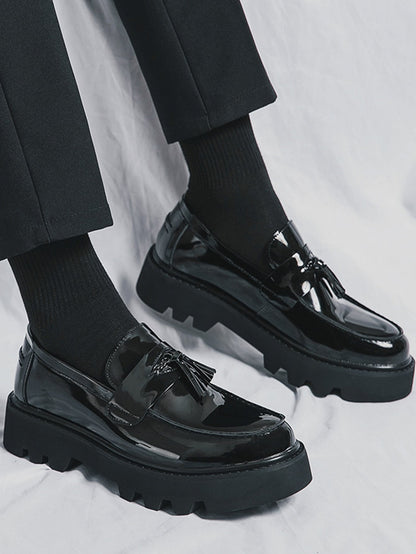 Men's Formal Thick Platform Leather Shoes, Height Increasing And Simple Design Black