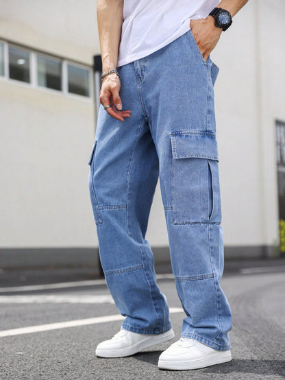 Manfinity EMRG Men's Casual Cargo Jeans With Flap Side Pockets, Plain Long Baggy Cargo Navy Blue Washed Cargo Jeans, For Husband, Boyfriend Gifts Blue