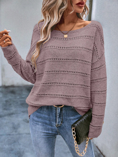 SHEIN LUNE Drop Shoulder Pointelle Knit Sweater Dusty Pink
