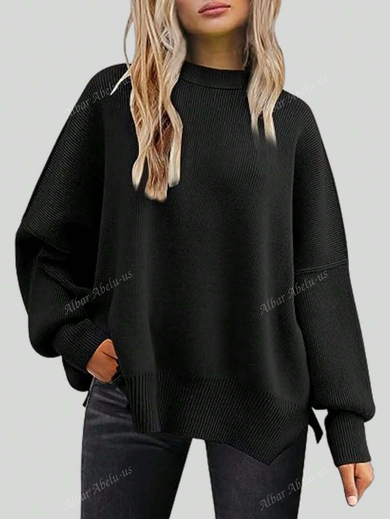 Mock Neck Drop Shoulder Split Hem Sweater Black