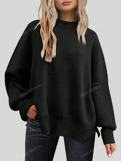 Mock Neck Drop Shoulder Split Hem Sweater Black