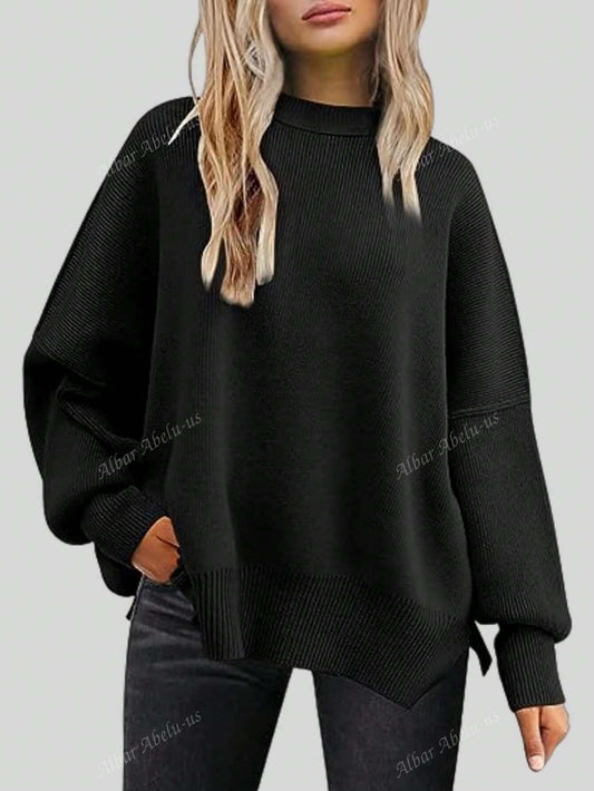 Mock Neck Drop Shoulder Split Hem Sweater Black