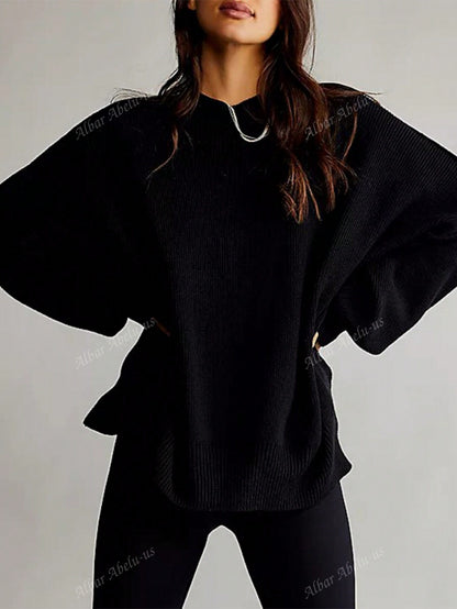 Mock Neck Drop Shoulder Split Hem Sweater Black