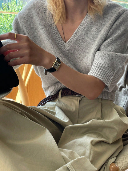 DAZY Women's Business Casual V-Neck Commuter Neutral Knitted Sweater Grey