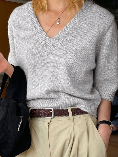 DAZY Women's Business Casual V-Neck Commuter Neutral Knitted Sweater Grey