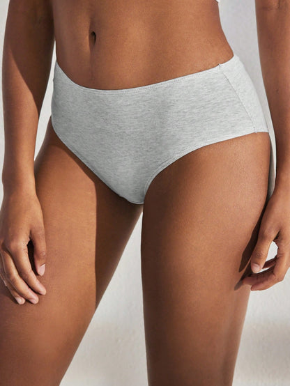 SHEIN Leisure Natural Comfy & Breathable Cotton Pleated Back Solid Brief-Melange Gray Light Grey