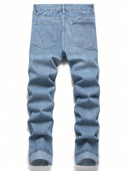 Men Ripped Straight Leg Jeans Light Wash