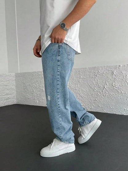 Men Ripped Straight Leg Jeans Light Wash