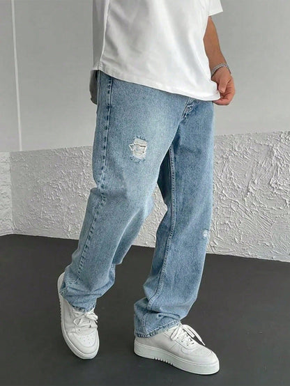 Men Ripped Straight Leg Jeans Light Wash
