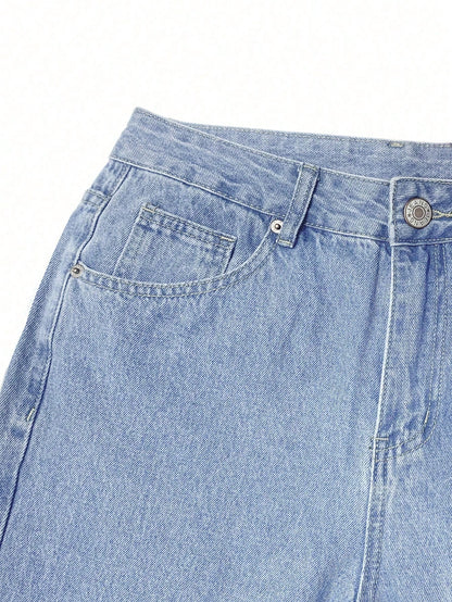Men Ripped Straight Leg Jeans Light Wash