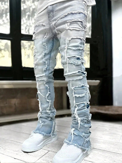 Men Ripped Frayed Skinny Jeans Light Wash