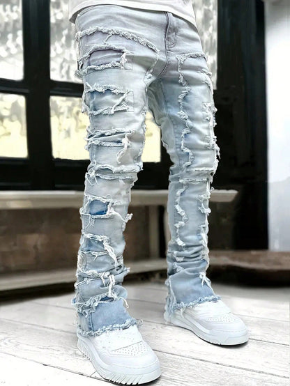 Men Ripped Frayed Skinny Jeans Light Wash