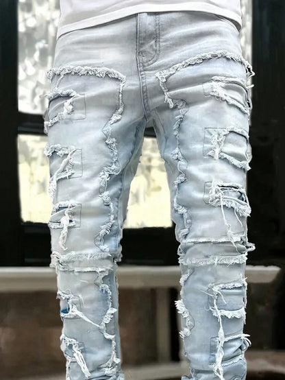 Men Ripped Frayed Skinny Jeans Light Wash