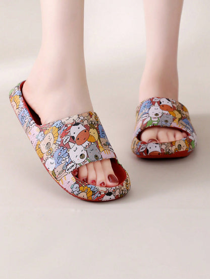 2024 New Style Cartoon Printed Animal Kingdom Slippers With  Stepping Design, EVA Material For Outdoor And Summer, Fashionable Bathroom Slip-On Burgundy
