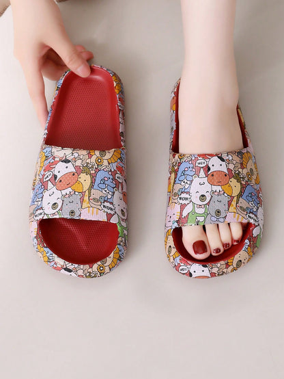 2024 New Style Cartoon Printed Animal Kingdom Slippers With  Stepping Design, EVA Material For Outdoor And Summer, Fashionable Bathroom Slip-On Burgundy