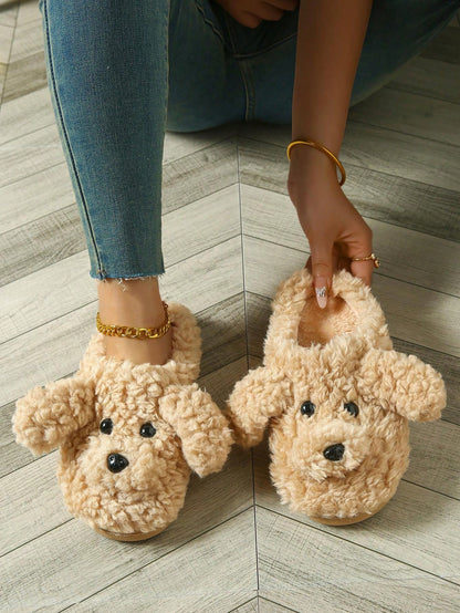 Cute Wind Plush Camel Color Teddy Dog Fashion Home Indoor And Outdoor Home Comfortable Ladies Slippers Camel