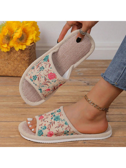 Women's Home Slippers, Linen Anti-Skid Thick-Soled Indoor Floor Slippers, Soft-Bottomed Open-Toed Ladies Summer Slippers Hot Pink