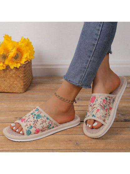 Women's Home Slippers, Linen Anti-Skid Thick-Soled Indoor Floor Slippers, Soft-Bottomed Open-Toed Ladies Summer Slippers Hot Pink