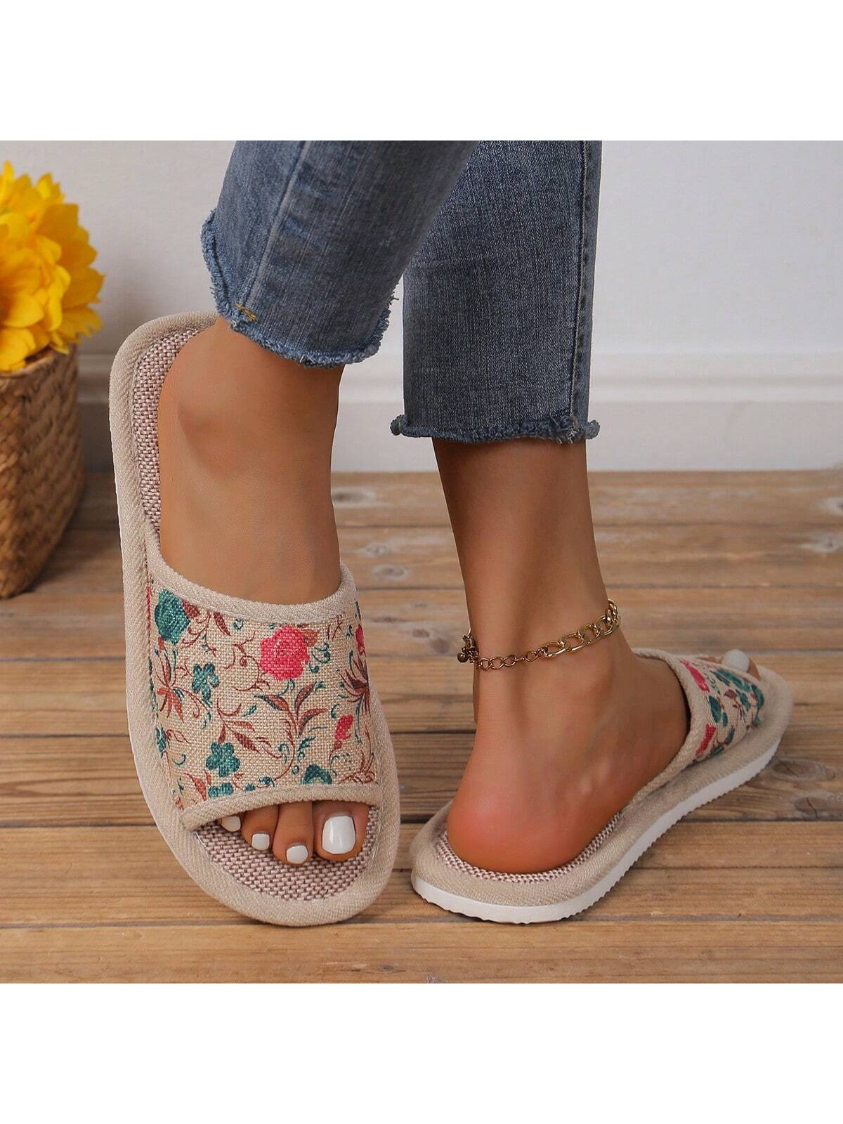 Women's Home Slippers, Linen Anti-Skid Thick-Soled Indoor Floor Slippers, Soft-Bottomed Open-Toed Ladies Summer Slippers Hot Pink