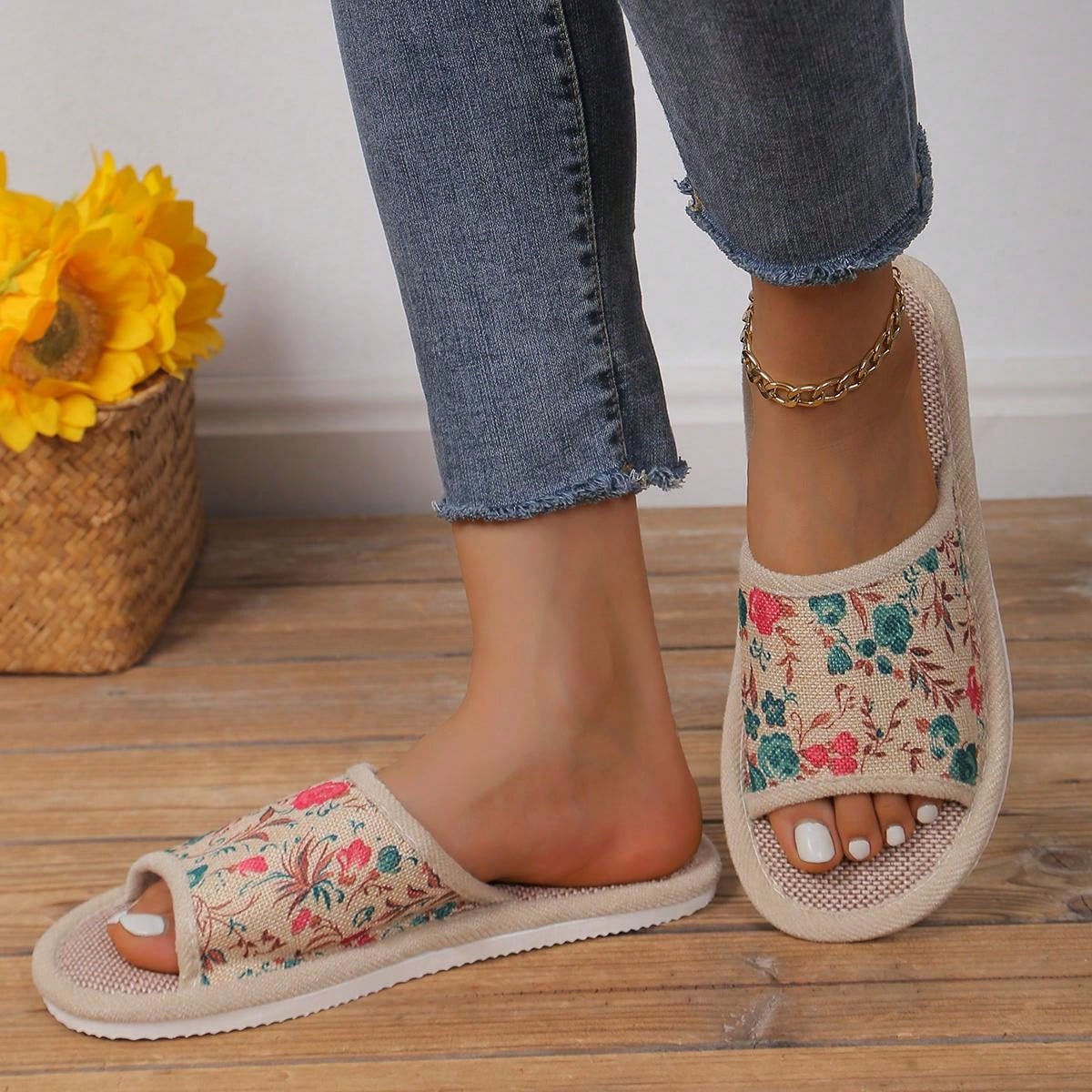 Women's Home Slippers, Linen Anti-Skid Thick-Soled Indoor Floor Slippers, Soft-Bottomed Open-Toed Ladies Summer Slippers Hot Pink