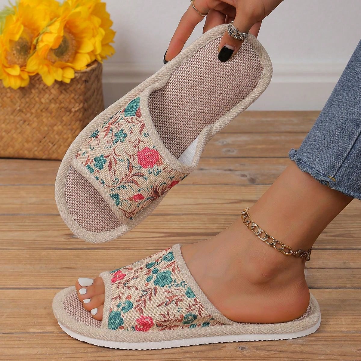 Women's Home Slippers, Linen Anti-Skid Thick-Soled Indoor Floor Slippers, Soft-Bottomed Open-Toed Ladies Summer Slippers Hot Pink