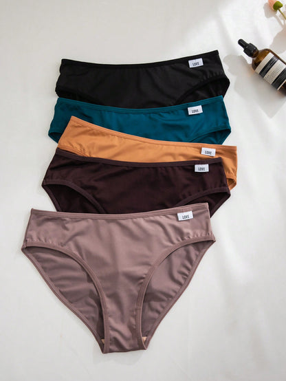 5pcs Women's LOVE Solid Color Comfortable And Breathable Triangle Panties Set Multicolor