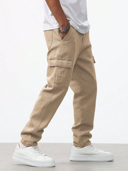Manfinity RivetRise Men Flap Pocket Side Cargo Jeans Khaki