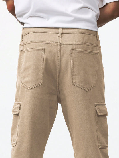 Manfinity RivetRise Men Flap Pocket Side Cargo Jeans Khaki