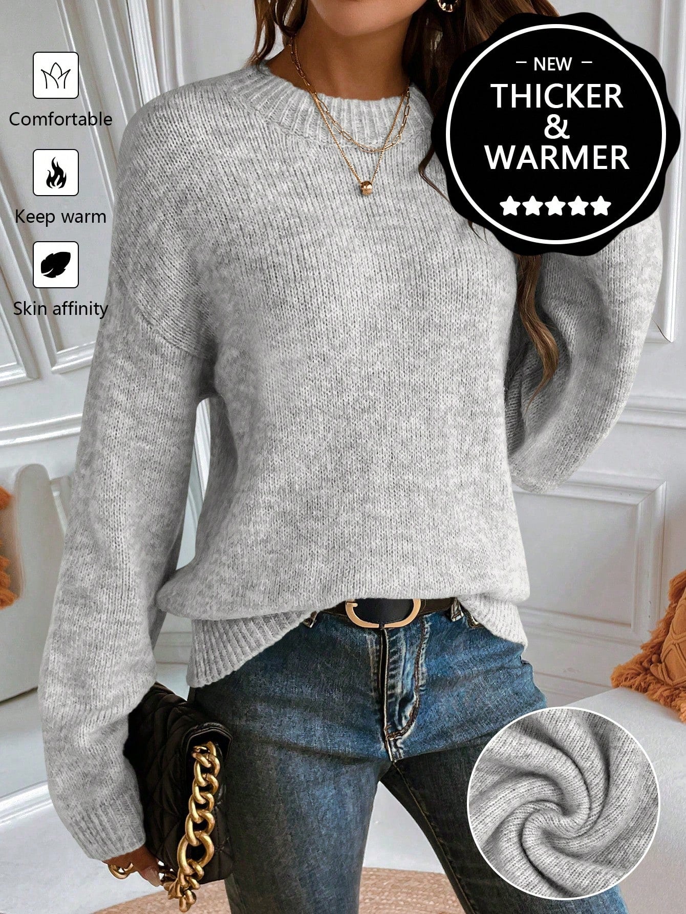 SHEIN LUNE Newly Upgraded Premium Thick Warm Women Grey Crew Neck Sweater Grey