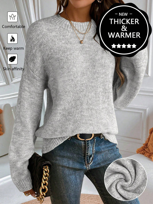 SHEIN LUNE Newly Upgraded Premium Thick Warm Women Grey Crew Neck Sweater Grey