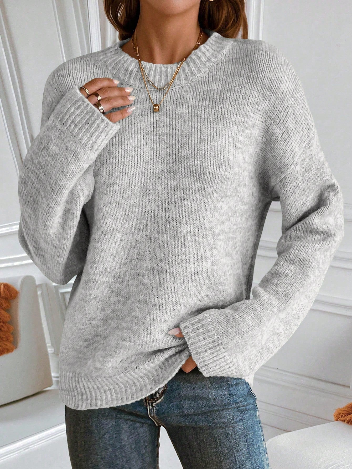 SHEIN LUNE Newly Upgraded Premium Thick Warm Women Grey Crew Neck Sweater Grey