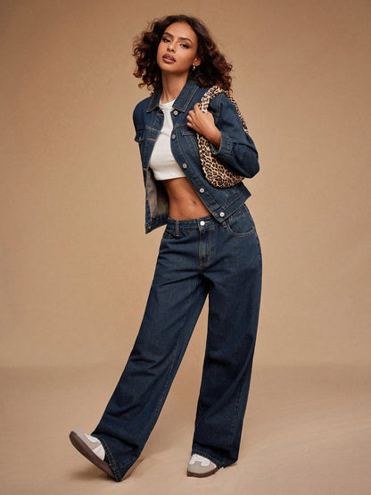 Forever 21 Dark Blue Washed Denim Jacket Blue