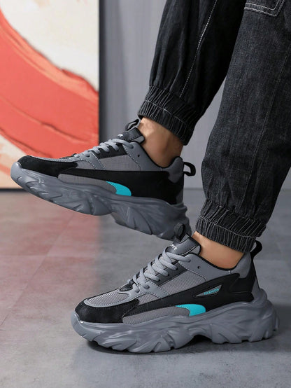 Men's Fashionable Color Block Breathable Front Strap Sports Shoes, Lightweight And Durable Casual Running Shoes For Daily Wear Grey