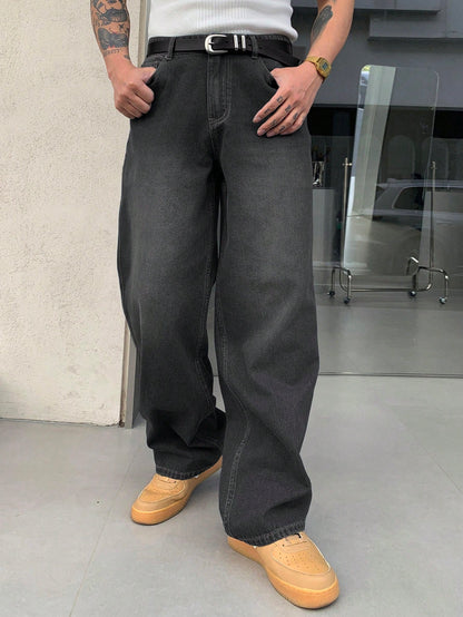 DAZY Men's Casual Straight Leg Washed Baggy Jeans Dark Grey