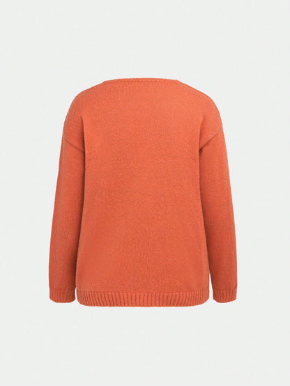 Custom MadeSimple Solid Color V-Neck Knit Sweater, Loose & Slimming, Elegant Casual Style, Pullover Long Sleeve Top, Autumn-Winter Burnt Orange