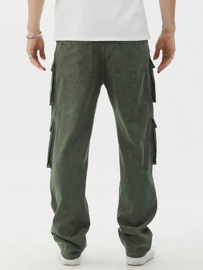 Manfinity EMRG Men Casual Washed Denim Cargo Pants, Plain Olive Green Long Straight Leg Washed Cargo Jeans, For Husband, Boyfriend Gifts Army Green
