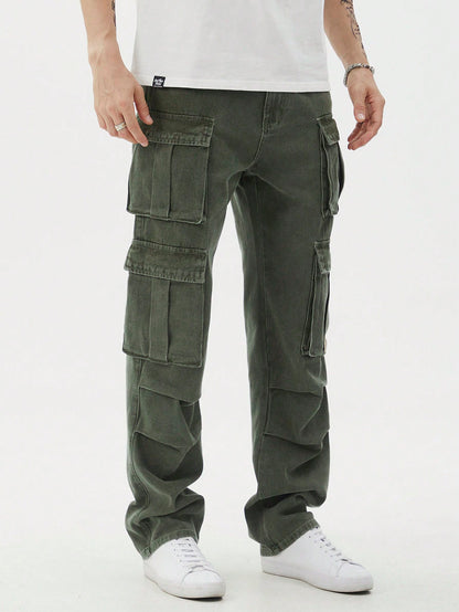 Manfinity EMRG Men Casual Washed Denim Cargo Pants, Plain Olive Green Long Straight Leg Washed Cargo Jeans, For Husband, Boyfriend Gifts Army Green