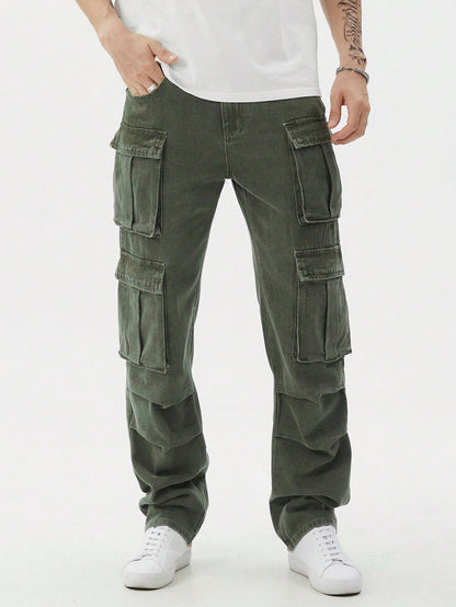 Manfinity EMRG Men Casual Washed Denim Cargo Pants, Plain Olive Green Long Straight Leg Washed Cargo Jeans, For Husband, Boyfriend Gifts Army Green