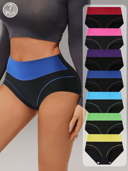 7pcs/Pack Comfortable & Soft High Waist Colorblock Brief Lingerie Multicolor
