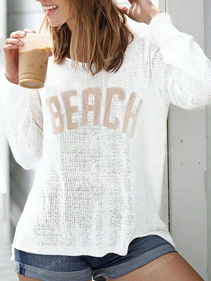 Women's Casual Loose Letter Print Long Sleeve Knitted Pullover,Long Sleeve Tops White