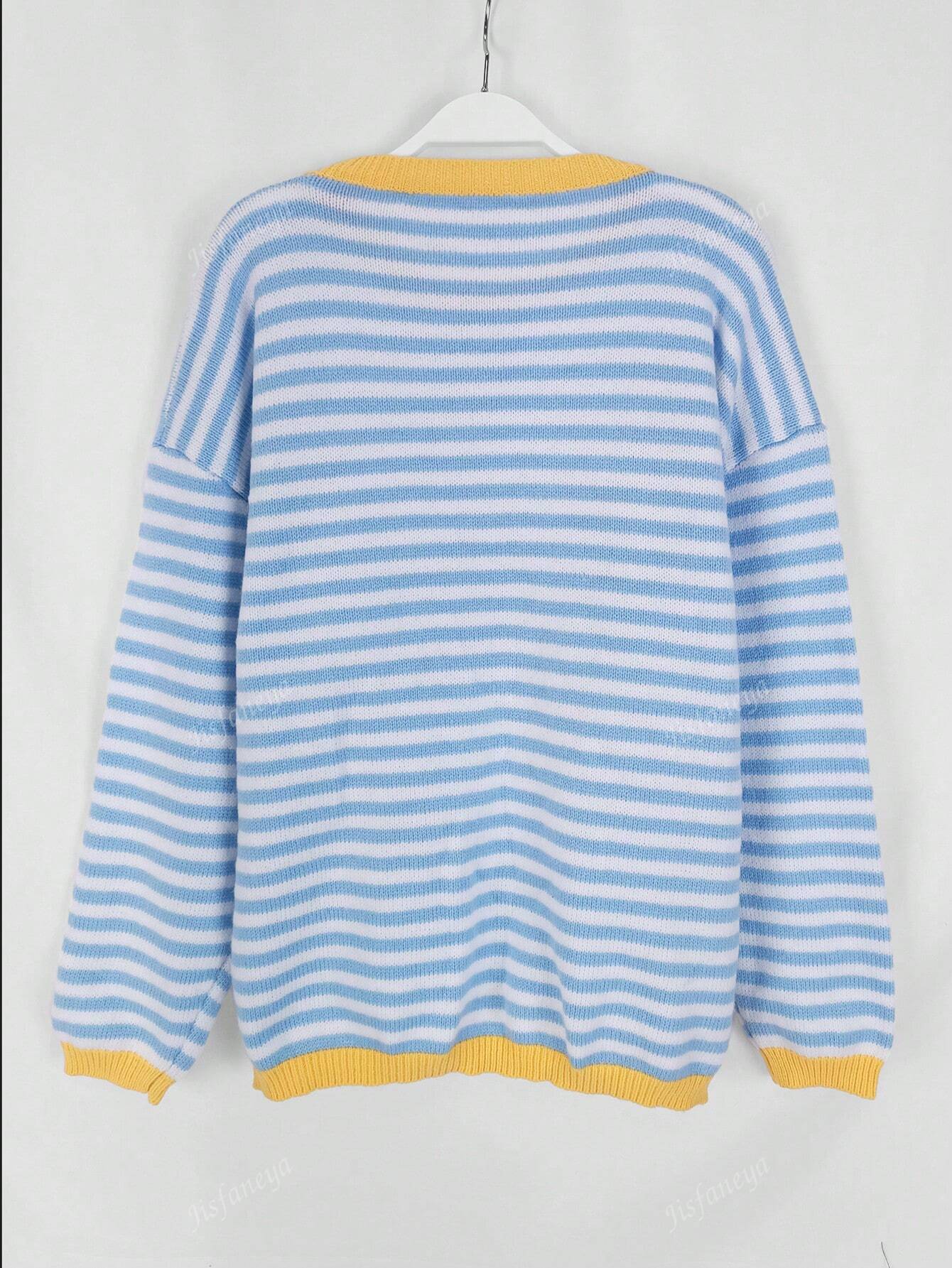 Women's Striped Casual Knit Sweater, Fall/Winter Blue