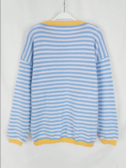 Women's Striped Casual Knit Sweater, Fall/Winter Blue