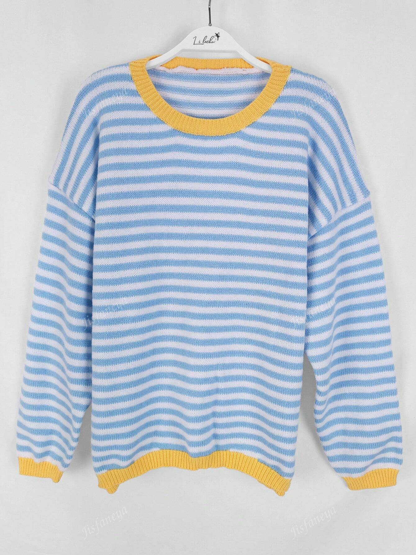 Women's Striped Casual Knit Sweater, Fall/Winter Blue