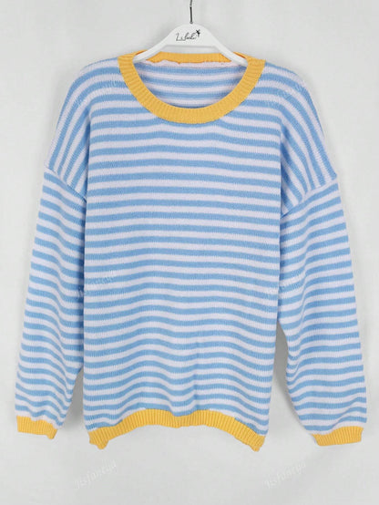 Women's Striped Casual Knit Sweater, Fall/Winter Blue