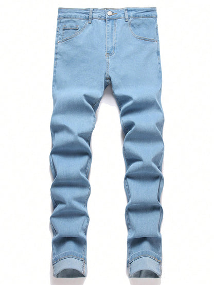 Manfinity Homme Men's Simple Front Button Multi-Pocket Casual Denim Jeans Light Wash