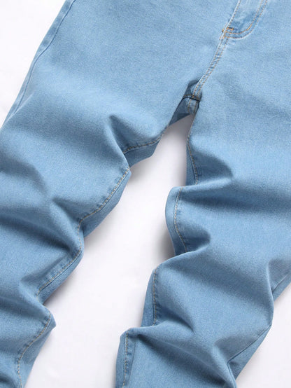 Manfinity Homme Men's Simple Front Button Multi-Pocket Casual Denim Jeans Light Wash