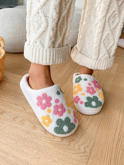 Fashionable & Cute Floral Pattern Soft Comfortable Non-Slip Durable Warm House Slippers For Winter White